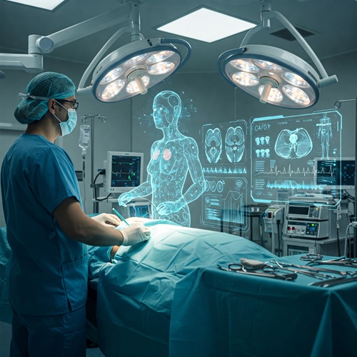 A futuristic medical setting where a doctor uses an AI-assisted surgical system, with the holographic interface of the AI analyzing medical scans in real-time during the operation, while a patient on the operating table is monitored with wearable health devices that transmit vital signs to the AI and doctor for instant feedback and treatment optimization, within a high-tech operating room with sterile, bright white walls and state-of-the-art equipment.)