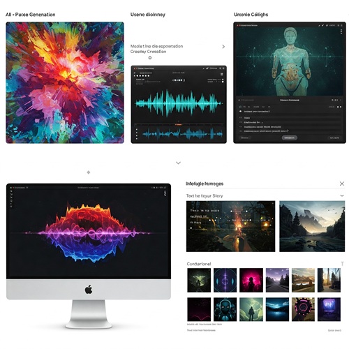 A user interface showcasing the seamless integration of AI-powered tools for creative expression. On the left, a vibrant abstract art generator displays a kaleidoscope of colors and textures, alongside controls for adjusting parameters like color palettes and styles. Adjacent to it, a musical composition interface features a dynamic visual representation of sound waves, allowing users to input melodies and harmonies with AI assistance. On the right, a sophisticated text-based story generator displays a captivating narrative, with options for choosing writing styles and character archetypes. The user interface also provides access to the intuitive interfaces of DALL-E and Midjourney, allowing users to seamlessly transition between text prompts and AI-generated imagery, fostering a collaborative and interconnected creative experience