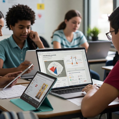 A vibrant and inclusive classroom setting where students from diverse backgrounds are actively engaged with a personalized learning platform interface. Some students utilize sleek tablets while others are immersed in lessons on laptops, showcasing the flexible nature of the platform. The interface is characterized by a clean, intuitive design with bright, user-friendly elements and interactive learning modules.