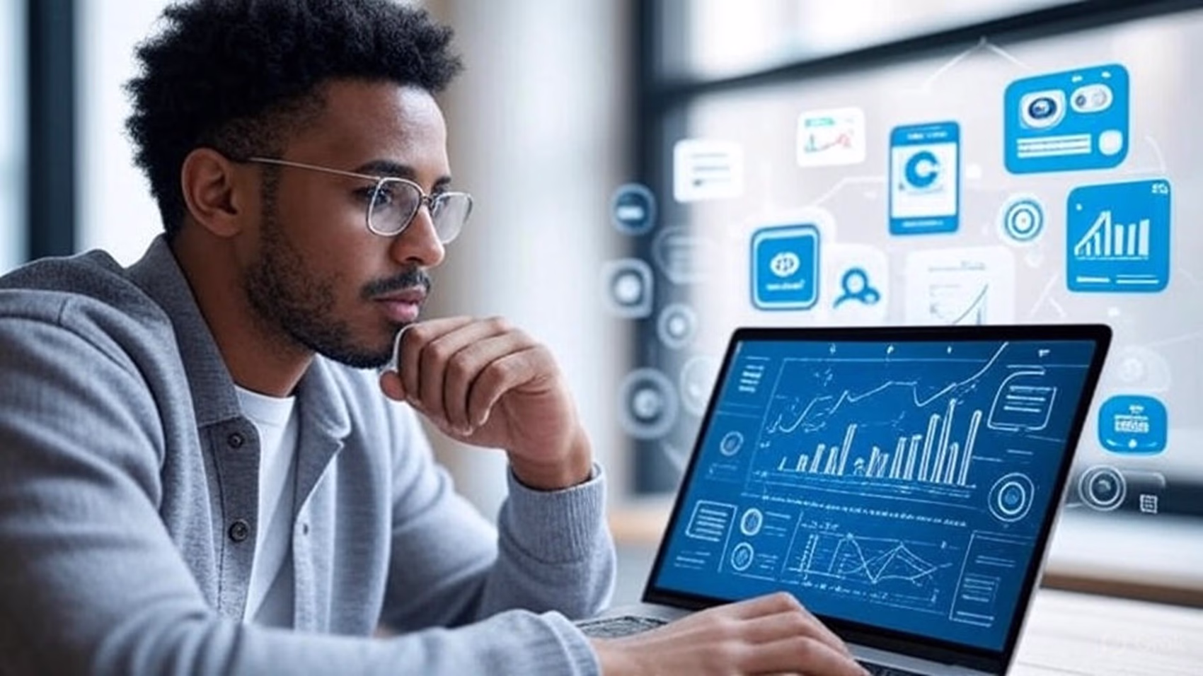 Small business owner using AI tools on a laptop in a modern office, with digital charts and chatbot icons in the background, representing AI-driven growth in 2025.