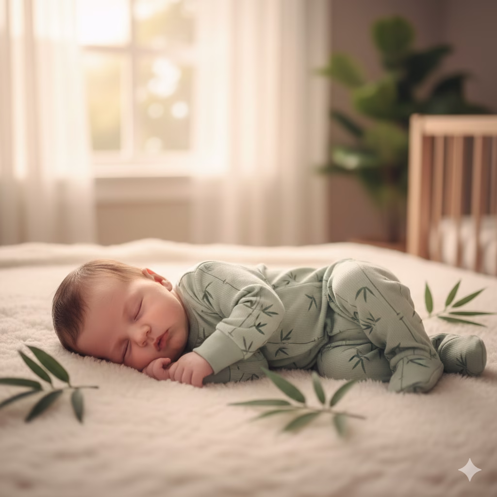 Adorable bamboo PJs on a sleeping baby with bamboo leaves motif
