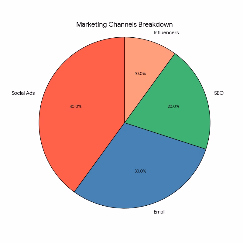 Chart: Marketing Channels Breakdown – Pie chart showing 40% Social Ads, 30% Email, 20% SEO, 10% Influencers