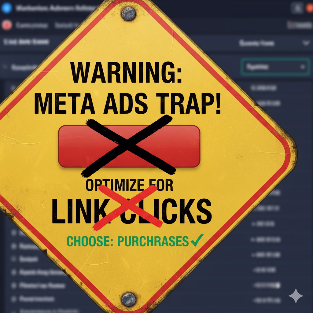Red warning sign with "Link Clicks" text crossed out in bold, cautioning against common Meta Ads optimization pitfalls.
