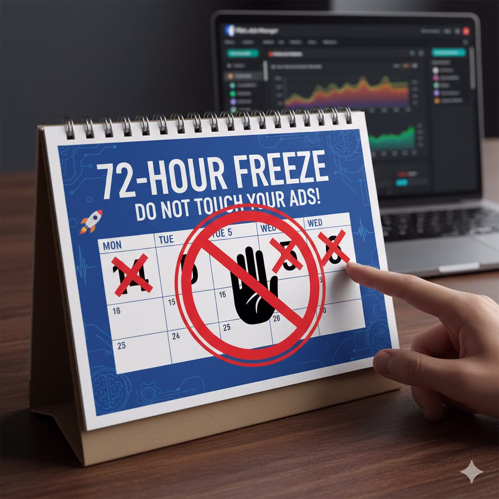 Calendar showing 72-hour no-touch period after launching Meta ads