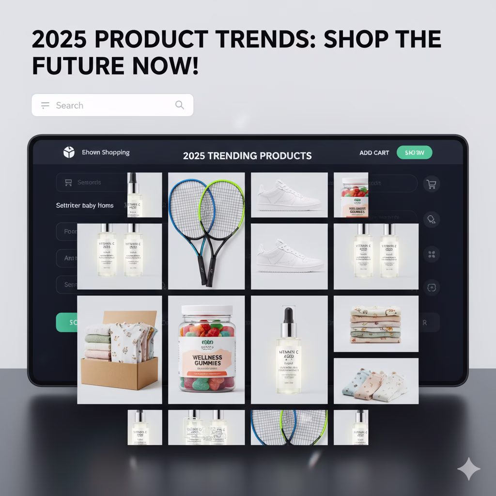 A dynamic collage of 2025 trending products including skincare serums, colorful gummies, sports rackets, and eco-friendly baby wear against a sleek online shopping backdrop