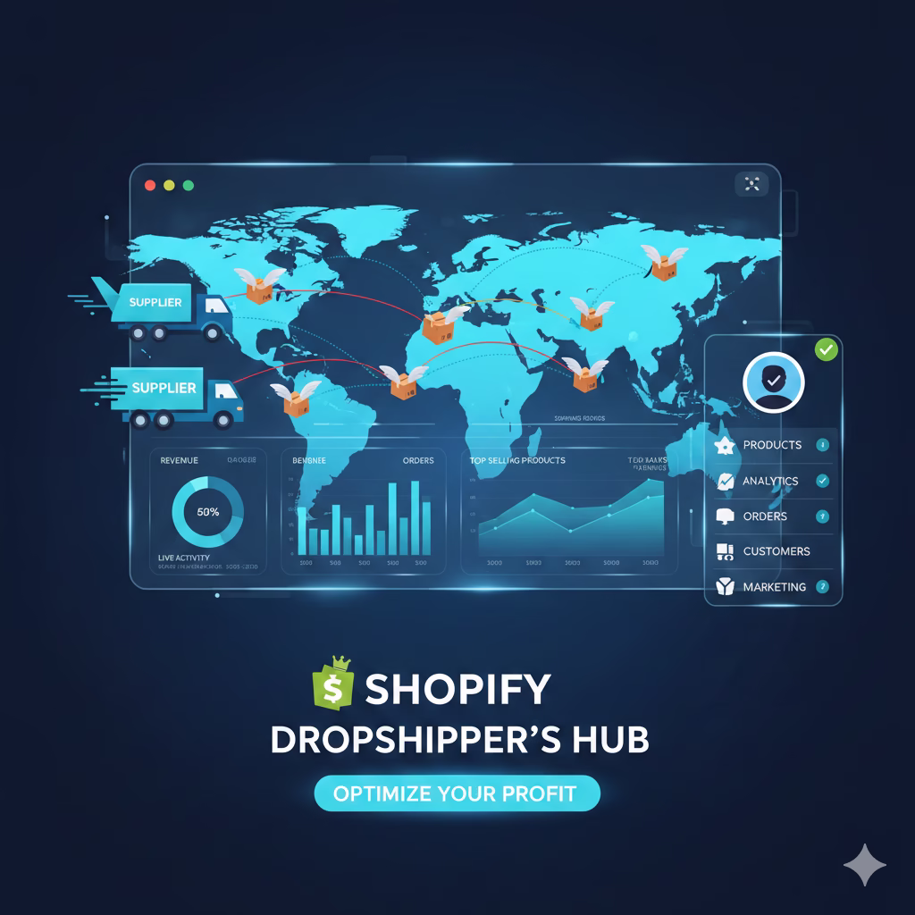 Hero Image: A vibrant illustration of a Shopify store dashboard with dropshipping icons like packages flying from suppliers to customers, overlaid on a world map showing global sales