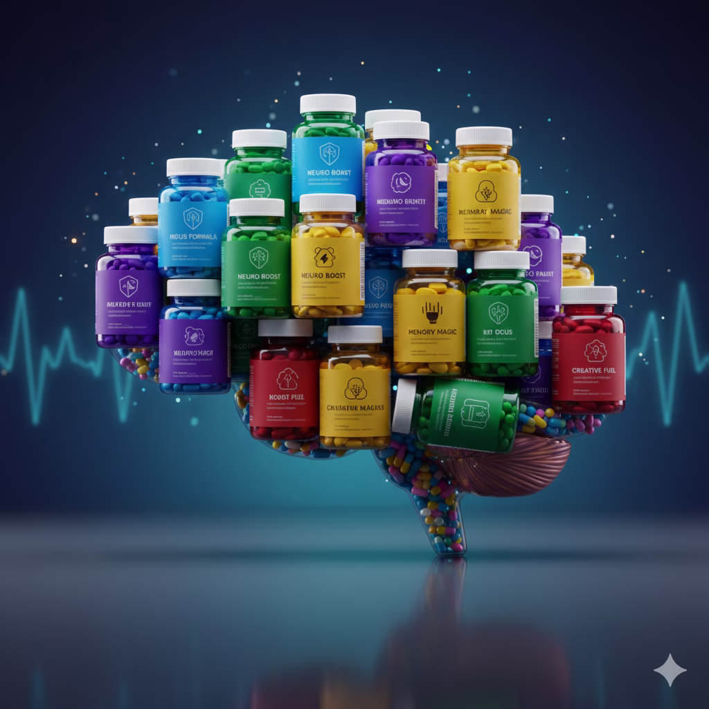 Product Spotlight: Vibrant supplement bottles arranged in a brain-shaped display