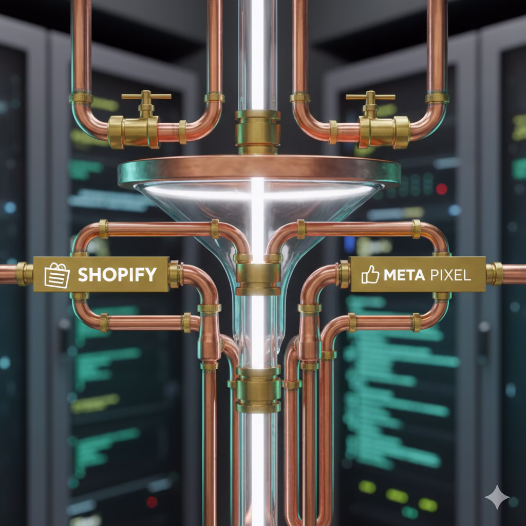 Close-up of plumbing pipes and connections symbolizing clean data flow between Shopify and Meta Pixel
