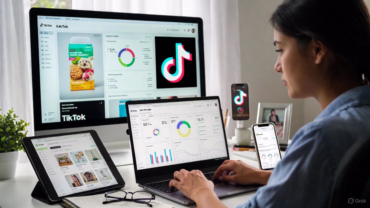 A focused entrepreneur managing a TikTok Ads campaign on multiple devices: a large monitor displaying the TikTok Ads Manager dashboard with performance charts, a laptop showing detailed analytics, a tablet with creative previews, and a smartphone with the TikTok app open – representing the complete workflow of setting up and optimizing TikTok Ads for e-commerce success.
